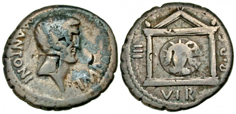 Mark Antony. 43-30 B.C. AR denarius (17.2 mm, 3.10 g, 9 h). Military mint travel...