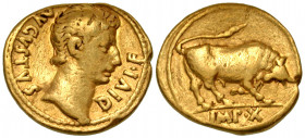 Augustus. 27 B.C.-A.D. 14 AV aureus (20 mm, 7.82 g, 6 h). Lugdunum mint, struck 15 B.C. AVGVSTVS DIVI F, bare head of Augustus to right / IMP X, bull ...