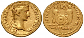 Augustus. 27 B.C.-A.D. 14 AV aureus (20.6 mm, 7.80 g, 1 h). Lugdunum mint. CAESAR AVGVSTVS DIVI F PATER PATRIAE, laureate head of Augustus right / AVG...