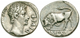 Augustus. 27 B.C.-A.D. 14 AR denarius (17.9 mm, 3.37 g, 1 h). Lugdunum mint, struck 11 B.C. AVGVSTVS DIVI F, bare head right / IMP XI, bull butting le...