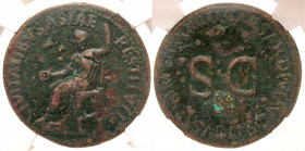 Tiberius. A.D. 14-37. AE sestertius (26.59 g, 12 h). Rome mint, struck A.D. 22-23. CIVITATIBVS ASIAE RESTITVTIS, Tiberius seated left on curule chair,...