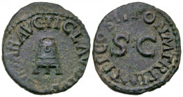 Claudius. A.D. 41-54. AE quadrans (18.04 mm, 2.17 g, 6 h). Rome mint, struck 1-4 January A.D. 42. TI CLAVDIVS CAESAR AVG, three-legged modius / PON M ...