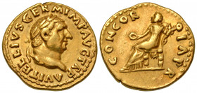 Vitellius. A.D. 69. AV aureus (7.29 g). Rome mint, struck A.D. 69. A VITELLIVS GERM IMP AVG P M TR P, laureate head of Vitellius right / CONCORDIA PR,...