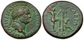 Vespasian. A.D. 69-79. AE sestertius (33 mm, 25.53 g, 6 h). Judaea Capta Series. Rome mint, struck A.D. 71. IMP CAES VESPASIAN AVG P M TR P P P COS II...