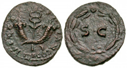 Vespasian. A.D. 69-79. AE quadrans (17.1 mm, 2.23 g, 6 h). Rome mint, struck A.D. 77-78. IMP VESP AVG COS VIII, winged caduceus between crossed cornuc...