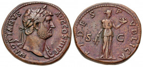 Hadrian. A.D. 117-138. AE sestertius (32.6 mm, 27.77 g, 6 h). Rome mint, struck A.D. 134-138. HADRIANVS AVG COS III P P, laureate head right / FIDES P...