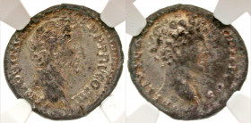 Antoninus Pius, with Marcus Aurelius, as Caesar. A.D. 138-161. AR denarius (18 mm, 2.81 g, 12 h). Rome mint, struck A.D. 140-144. ANTONINVS AVG PIVS P...
