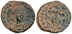 Honorius. A.D. 393-423. AE centenionalis or double-nummus (15.3 mm, 2.50 g, 5 h). Antioch mint, struck A.D. 402. D N HONOR-IVS P F AVG, helmeted and c...