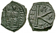 Justin II. 565-578. AE half follis (23 mm, 5.92 g, 11 h). Thessalonica mint, struck 569/570. D N IVSTINVS PP AV, Justin II and Sophia seated on throne...