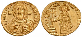 Justinian II. First reign, 685-695. AV solidus (18.63 mm, 2.50 g, 12 h). Constantinople mint, struck A.D. 692-695. I S CRISTOS RЄX RЄTNANTIЧM, draped ...