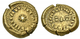 Umayyad Caliphate. Anonymous. A.D. 712-714/AH 93. AV solidus (13 mm, 3.49 g). Traveling mint in Spain. Musa bin Musavr, governor. in nomine domini non...