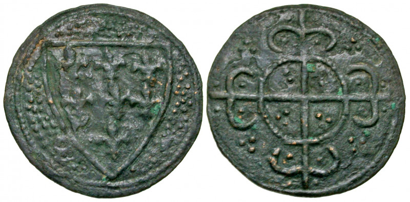 France. AE jeton (23.8 mm, 1.93 g, 3 h). Shield and cross jeton. Ca. 1250-1325. ...