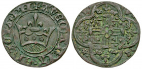 France. AE jeton (24.9 mm, 3.41 g). Probably from Nuremberg . Ca. 1385-1413/22. + AVE MARIA o ; E(N?)AEIA (rosette) PH , concentric legend, in two "wo...