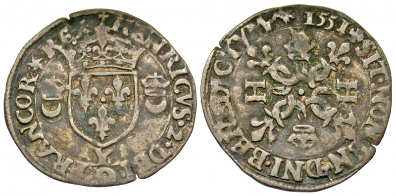 France. Henri II. 1547-1559. AR Douzain (25.3 mm, 2.42 g, 9 h). AR Douzain aux c...