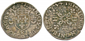 France. Henri II. 1547-1559. AR Douzain (25.3 mm, 2.42 g, 9 h). AR Douzain aux croissants. 1551. + HENRICVS · 2 · DEI · G · FRANCOR (star) REX , crown...