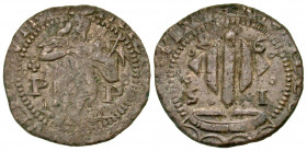 Spain, Perpignan. Philip I. 1556-1598. AE double sol (21.5 mm, 2.74 g, 7 h). Arms / Saint John and Lamb. Vico 1503; CTT 750. VF. Scarce.
