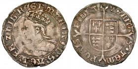 England. Mary I. 1553-1554. AR groat (23.8 mm, 1.85 g, 1 h). Pomegranate mint mark, struck 1553/4. o MARIA o (pomegranate) o D : G : AE(_M?) o FR o Z ...