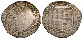 England. James I. 1603-1625. AR shilling (30.9 mm, 6.02 g, 1 h). Second coinage; third bust. London, struck 1607. Mint mark, grapes. · IACOBVS · DG . ...