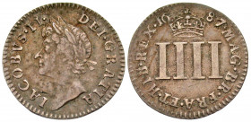 England. James II. 1685-1688. AR fourpence (18.6 mm, 1.96 g, 6 h). 1687/6. IACOBVS · II · DEI · GRATIA, laureate head of James II left / MAG · BR · FR...