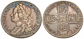 England. George II. 1727-1760. AR shilling. London mint, struck 1758. GEORGIVS II DEI GRATIA, draped bust left / EDB ET L D S R I A T ET E M B F ET H ...