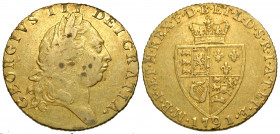 England. George III. 1760-1820. AV guinea (24.4 mm, 8.34 g, 1 h). "Spade Guinea". Tower mint (London), struck 1791. GEORGIVS III DEI GRATIA., laureate...
