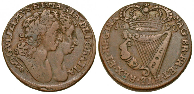 Ireland. William III and Mary. 1688-1694. AE half penny. Dublin mint, dated 1692...