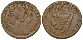 Ireland. William III and Mary. 1688-1694. AE half penny. Dublin mint, dated 1692. GVLIELMVS ET MARIA DEI GRATIA, conjoined busts right / MAG BR FR ET ...
