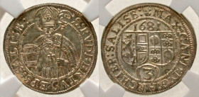Austria, Salzburg. 3 Kreuzer or "drier". AR . Salzburg mint, 1681. St : RVDBERTVS · EPS : SALISB :, 3/4 figure of nimbate St. Rudbertus, in tall hat a...