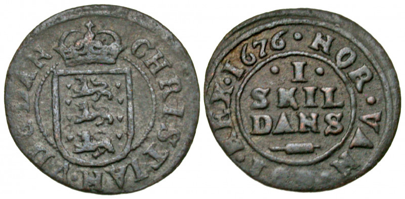 Denmark. Christian V. 1670-1699. BI Skilling (15.9 mm, .60 g, 9 h). 1678. KM 357...