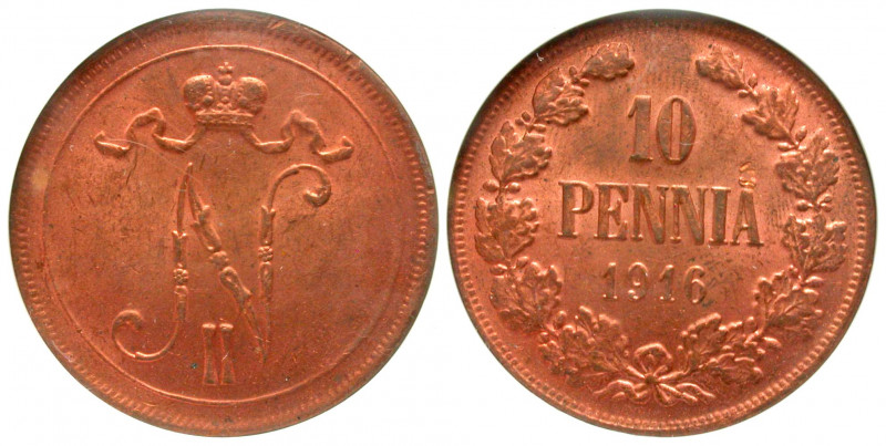 Finland. 10 pennia. 1916. NGC certified MS 63 RD. 

NGC (1914838-039) grade MS...