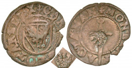 France, Lorraine. Charles III. 1548-1608. AR double denier (17.8 mm, 1.00 g, 4 h). Nancy mint. Crowned ducal coat of arms / Sword, countermark of an e...