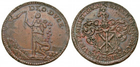 German States, Brunswick. Municipal Issue. AE jeton (27.9 mm, 6.67 g, 4 h). 1749. City arms / Fortuna standing and pouring coins. Forest 12. aEF. Scar...