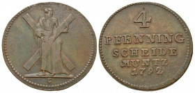 German States, Luneburg. Georg III. 1769-1820. 4 pfenning. 1792 C. C, St. Andrew with a cross, mintmaster's mark below figure / 4 / PFENNING / SCHEIDE...