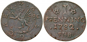 German States, Rostock. Pfennig (19 mm, 1.19 g, 12 h). 1782 FHB. · ROSTOCKER · , ethnic with 5-lobed rosette stop around griffin, rampant to left / I ...