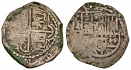 Mexico. Philip III. 1598-1621. AR 2 reales (25.3 mm, 6.47 g, 6 h). "cob". Mexico City mint. Arms of Spanish Mexico / [...] [o]/M [...], Cross in quatr...