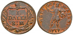 Sweden. Karl XII. 1697-1718. AE daler (22.4 mm, 4.60 g, 1 h). Emergency issue. Stockholm mint, 1717. WETT OCH WAPEN // 1717, soldier standing facing, ...