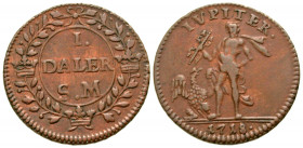 Sweden. Karl XII. 1697-1718. AE daler (24 mm, 4.75 g, 12 h). Emergency issue. Stockholm mint, 1717. IVPITER. // 1718, Jupiter standing facing, head le...