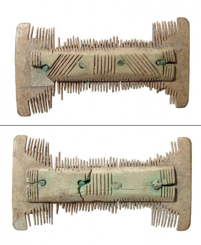 A Roman bone comb, 1st - 4th Century A.D. made from three parts held together by...