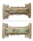 A Roman bone comb, 1st - 4th Century A.D. made from three parts held together by bronze pins. The sides are detailed with incised lines and this would...