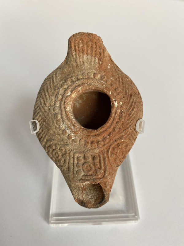 A Samaritan-Jewish Beit-Shean Oil Lamp. Ca. 5th-6th Century CE. Composed of an e...