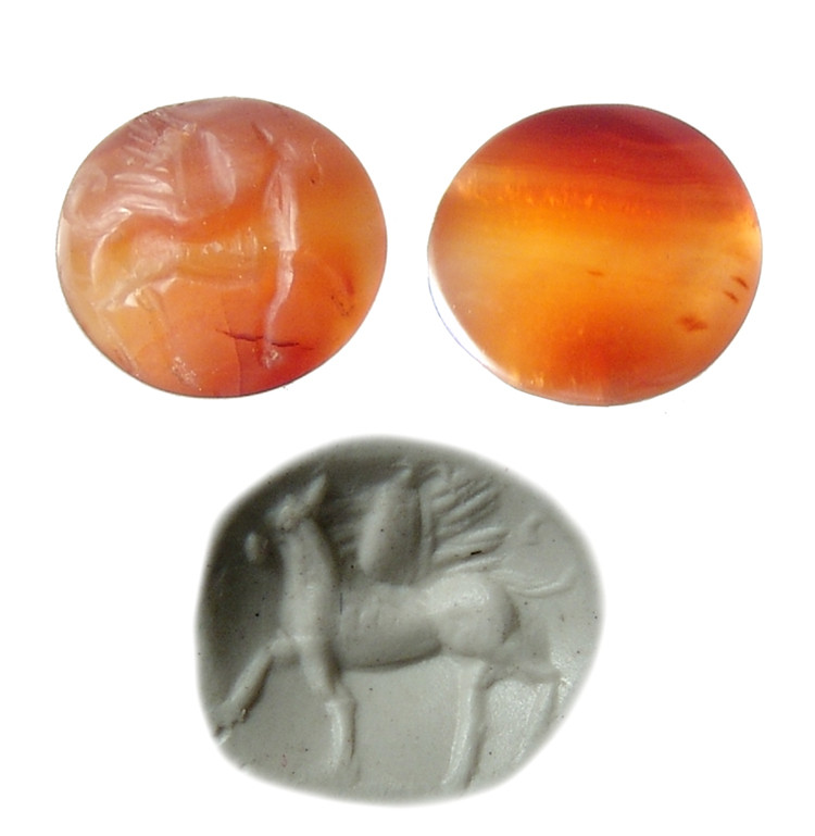 An attractive Sasanian carnelian ring stone depicting a winged horse, ca. 3rd - ...