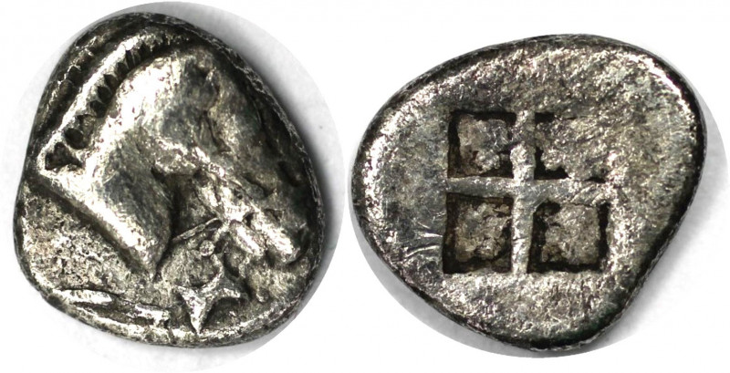Griechische Münzen, MACEDONIA. Obol 498-454 v. Chr. Vs.: Pferdekopf nach rechts....