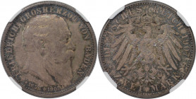 Deutsche Münzen und Medaillen ab 1871, REICHSSILBERMÜNZEN, Baden. Friedrich I. (1852-1907). 2 Mark 1907, auf den Tod. Silber. Jaeger 36. NGC PF-62
