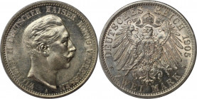 Deutsche Münzen und Medaillen ab 1871, REICHSSILBERMÜNZEN, Preußen. Wilhelm II. (1888-1918). 2 Mark 1905 A. Silber. Jaeger 102. Stempelglanz. Patina, ...