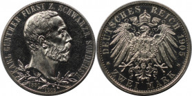 Deutsche Münzen und Medaillen ab 1871, REICHSSILBERMÜNZEN, Schwarzburg-Sonderhausen. Karl Günther (1880-1909). 2 Mark 1905, 25. Regierungsjubiläum. Si...