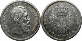 Deutsche Münzen und Medaillen ab 1871, REICHSSILBERMÜNZEN, Württemberg. Karl (1864-1891). 5 Mark 1876 F. Silber. Jaeger 173. Schön-sehr schön