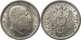 Deutsche Münzen und Medaillen ab 1871, REICHSSILBERMÜNZEN, Württemberg. Wilhelm II. (1891-1918). 2 Mark 1906 F. Silber. Jaeger 174. Vorzüglich-Stempel...