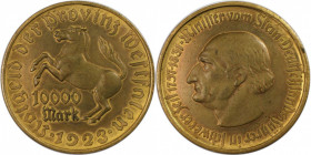 Deutsche Münzen und Medaillen ab 1871, DEUTSCHE NEBENGEBIETE. Provinz Westfalen. 10 000 Mark 1923. Breiter Randstab. Cu-Zn, vergoldet. Jaeger N 20 a. ...