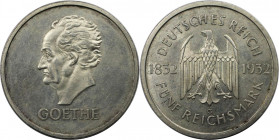 Deutsche Münzen und Medaillen ab 1871, WEIMARER REPUBLIK. Goethe. 5 Reichsmark 1932 G. Silber. Jaeger 351. Fast Stempelglanz