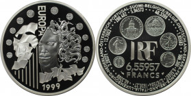 Europäische Münzen und Medaillen, Frankreich / France. Europäische Atr Styles - Europa. 6.55957 Francs 1999. 22,20 g. 0.900 Silber. 0.64 OZ. KM 1255. ...